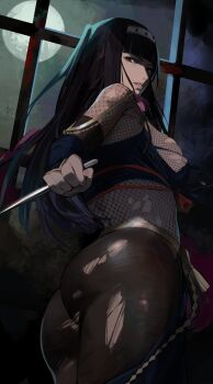 1girl arm_blade ass black_eyes black_hair black_shirt bodystocking breasts female_focus fire_emblem fire_emblem_awakening fire_emblem_heroes fishnet_bodystocking fishnets headband highres j@ck japanese_clothes large_breasts long_hair matching_hair/eyes moon ninja nintendo official_alternate_costume red_scarf scarf shirt solo tharja_(fire_emblem) tharja_(ninja)_(fire_emblem) thick_thighs thighs torn_clothes two_side_up weapon window