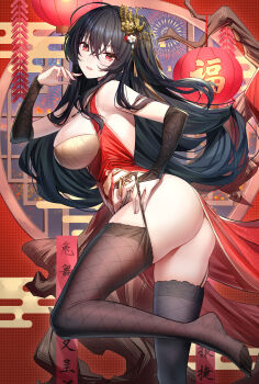1girl argyle_clothes argyle_thighhighs ass azur_lane backless_dress backless_outfit bare_shoulders black_hair black_thighhighs breasts bridal_gauntlets china_dress chinese_clothes chinese_new_year cleavage_cutout clothing_cutout commentary_request crossed_bangs detached_sleeves dress egasumi from_side hair_ornament highres lantern large_breasts long_hair looking_at_viewer official_alternate_costume one_side_up paper_lantern pelvic_curtain red_dress red_eyes ririko_(zhuoyandesailaer) skindentation smile soles solo strap_pull taihou_(azur_lane) taihou_(phoenix's_spring_song)_(azur_lane) thick_thighs thighhighs thighs
