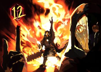 Rule 34 | 1other, absurdres, arm up, cape, chainsaw, chainsword, consta (project moon), dice, encodory, explosion, finger gun, fire, gameplay mechanics, highres, holding, holding weapon, hood, hood up, hooded cape, humanoid robot, library of ruina, multiple views, project moon, robot, weapon