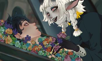 1boy 1other animal_request black_eyeshadow black_gloves black_hair black_lips blunt_bangs braid coffin colored_tips cross cross_earrings double-parted_bangs dutch_angle earrings eyeshadow flower flower_request gloves holding holding_flower jewelry looking_at_another makeup multicolored_hair open_mouth original parted_lips red_eyes talking too_many_flowers upper_body white_hair wormudon