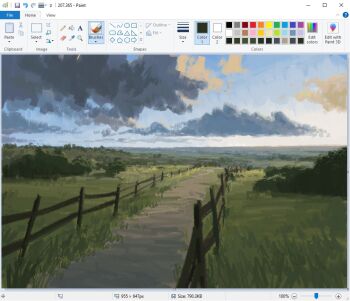 art_program_in_frame blurry bush christian_young commentary depth_of_field fence horizon landscape microsoft_paint_(medium) microsoft_paint_(software) no_humans original outdoors painterly path road scenery screencap wooden_fence