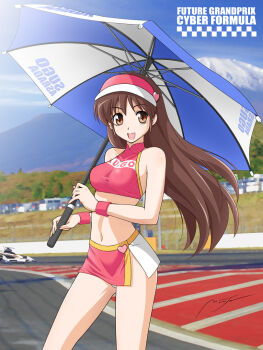 1990s_(style) 1girl bad_id bad_pixiv_id blurry blurry_background breasts brown_eyes brown_hair character_name clothes_writing copyright_name cowboy_shot female_focus future_gpx_cyber_formula happy long_hair looking_at_viewer microskirt midriff mountain no_bra onaya_masakazu open_mouth outdoors panties pantyshot parasol race_car race_queen racetrack red_shirt red_skirt retro_artstyle shirt side_slit skirt sleeveless sleeveless_shirt smile solo standing sugou_asuka taut_clothes taut_shirt umbrella underwear visor_cap wristband