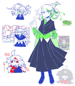 ahoge arm_up arms_up bags_under_eyes black_cloak black_hair black_skirt blush boots bow bowtie bulletin_board buttons cape chibi chibi_inset cloak collared_shirt colored_blush colored_lineart colored_skin deltarune dice dice_hair_ornament doodle_inset dress_shirt evidence_board formal_clothes frown full_body game_screenshot_inset genderswap genderswap_(mtf) gloves green_cape green_eyes green_gloves green_hair green_jacket green_necktie green_pippins green_streaks green_suit hair_between_eyes hair_bun hair_ornament hairclip hairpin headpat highres holding holding_paper holding_pen humanization jacket limited_palette long_hair long_skirt long_sleeves looking_at_viewer looking_to_the_side low_twintails multicolored_hair multiple_views necktie open_mouth paper pen pippins_(deltarune) pleated_skirt priswocaer puff_of_air red_bow red_bowtie red_eyes red_gloves red_necktie red_streaks semi-transparent shirt sidelocks sigh single_eyebrow skirt small_mike_(deltarune) smile standing suit suit_jacket sweatdrop teeth twintails two-tone_hair utdr_(toby_fox) white_background white_hair white_shirt white_skin