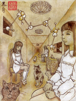 3girls animal bottle cabinet cat ceiling ceiling_light chair closed_eyes dress fractal_underground_studio hallway kneehighs long_hair long_sleeves mary_janes molecule monochrome multiple_girls original shoes sitting socks traditional_media tunnel_effect white_dress white_socks