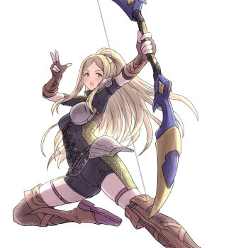 1girl armor black_bodysuit blonde_hair bodysuit fingerless_gloves gloves green_eyes long_hair mugi_(banban53) open_mouth ponytail romancing_saga_2 saga simple_background smile solo therese_(romancing_saga_2) white_background