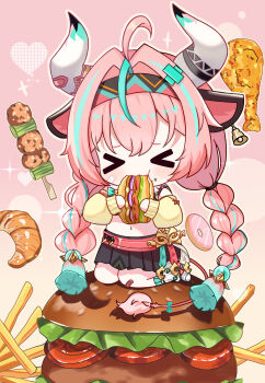 >_< 1girl absurdres ahoge animal_ears black_skirt blue_hair blush brown_background brown_sleeves burger chibi chicken_(food) chicken_leg closed_eyes commentary_request cow_ears cow_girl cow_horns cow_tail croissant detached_sleeves donut eating facing_viewer food food_on_face food_request french_fries genshin_impact gradient_background gradient_hair hair_between_eyes hair_intakes highres holding holding_food horns in_food long_sleeves low_twintails mini_person minigirl multicolored_hair navel pink_background pink_hair pleated_skirt puffy_long_sleeves puffy_sleeves ribbed_socks rinringyo skirt sleeves_past_wrists socks solo streaked_hair tail twintails varesa_(genshin_impact) white_socks