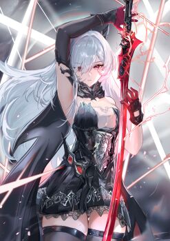 1girl absurdres arm_up armpits asymmetrical_gloves bare_shoulders berenica_(duet_night_abyss) black_cape black_dress black_gloves black_thighhighs breasts cape cleavage closed_mouth commentary cowboy_shot dress duet_night_abyss gloves hair_between_eyes highres holding holding_sword holding_weapon large_breasts long_hair looking_at_viewer mismatched_gloves red_eyes red_gloves solo sword thighhighs thighs vardan weapon white_hair