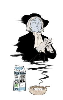 1boy black_coat blue_skin coat colored_skin commentary_request drink_carton etheral_q ghost gloves grey_hair hat looking_at_viewer male_focus milk_carton oatmeal own_hands_clasped own_hands_together randal's_friends sebastian_de_tomato_smith_chicken_legs short_hair simple_background solo tsukasa_(tsukasa_mimizuku) white_background white_gloves