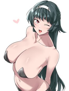 1girl :d ;d alternate_breast_size_(larger) arms_behind_back astra_yao black_hair blush breasts collarbone commentary cowboy_shot from_above from_side groin hairband heart highres large_breasts long_hair looking_at_viewer nabe_taro navel no_shirt one_eye_closed open_mouth purple_eyes simple_background smile solo standing undersized_breast_cup white_background white_hairband zenless_zone_zero