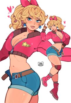 1girl ass belt blonde_hair blue_eyes boots breasts cleavage earrings fingerless_gloves gloves hair_ribbon highres jacket jewelry kamii_momoru knee_pads mario_(series) midriff navel nintendo open_fly ponytail princess_peach ribbon shorts smile socks unbuckled unbuttoned unbuttoned_pants