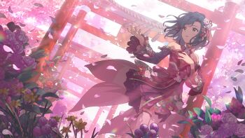 1girl bare_shoulders blue_hair commentary_request day detached_sleeves falling_petals floating_hair flower game_cg hair_flower hair_ornament hands_up idolmaster idolmaster_million_live! idolmaster_million_live!_theater_days japanese_clothes long_sleeves looking_to_the_side nanao_yuriko official_alternate_costume official_art outdoors petals pink_flower solo standing third-party_source torii white_flower