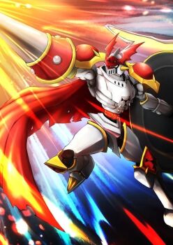 Rule 34 | armor, asymmetrical dual wielding, cape, digimon, digimon (creature), digimon tamers, dowa d 715, dual wielding, dukemon, full body, helmet, holding, holding polearm, holding shield, holding weapon, horns, knight, lance, male focus, no humans, polearm, red cape, shield, shoulder armor, solo, weapon, white armor, white helmet, wings, yellow eyes