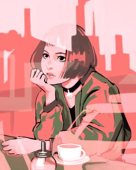1girl bad_id bad_pixiv_id black_choker black_eyes black_shirt bob_cut bottle brown_hair choker commentary cup diner disposable_cup elbow_rest greenblack hand_on_table head_rest highres jewelry leon_the_professional lips looking_afar mathilda_lando mug parted_lips pendant pendant_choker reflection saucer shirt short_hair solo syrup teacup window