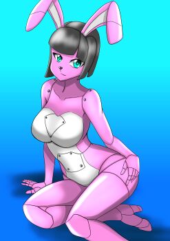 1girl absurdres android black_hair blue_background blue_eyes bolt_(hardware) breasts eyelashes furry furry_female hand_on_own_hip high_heels highres joints looking_at_viewer mechanical_arms original rabbit_ears rivets robot robot_girl robot_joints short_hair stiletto_heels thurosis