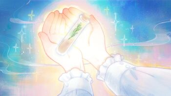 Rule 34 | 1girl, artist request, blue sky, buttons, commentary, cork, english commentary, frilled sleeves, frills, hand focus, highres, holding beaker, light particles, long sleeves, nikki (nikki), nikki (series), object focus, official art, plant, puffy long sleeves, puffy sleeves, second-party source, shirt, sky, smoke, sparkle, white shirt