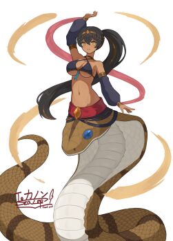 1girl absurdres arabian_clothes arm_up bare_shoulders black_hair breasts circlet cleavage commentary_request commission criss-cross_halter dancer dark_skin detached_sleeves halterneck high_side_ponytail highres lamia monster_girl navel original pelvis puffy_detached_sleeves puffy_sleeves scalap scales signature simple_background skeb_commission solo thank_you underboob white_background