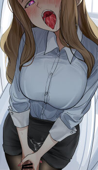1boy 1girl bar_censor black_pantyhose black_skirt blush breasts brown_hair censored collared_shirt cowboy_shot cum cum_on_clothes dress_shirt fingernails handjob head_tilt heart heart-shaped_pupils hetero highres idolmaster idolmaster_million_live! indoors large_breasts long_hair looking_at_viewer miniskirt miyao_miya nail_polish nakamura_rohane office_lady open_mouth pantyhose pencil_skirt penis pink_nails pov purple_eyes saliva shade shirt shirt_tucked_in skirt three-quarter_sleeves solo_focus standing sweat symbol-shaped_pupils teeth tongue tongue_out two-handed_handjob uvula white_shirt