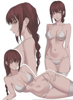 arm_behind_back bare_shoulders bikini braid breasts chainsaw_man choppy_bangs commentary from_side hand_on_own_hip highres looking_at_viewer lying makima_(chainsaw_man) medium_breasts multiple_views navel on_side parted_lips patterned_eyes pcharlesart side_braid sideboob sidelocks simple_background swimsuit thigh_gap thighhighs white_background white_bikini white_thighhighs zettai_ryouiki
