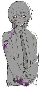 1125yuuuri 1boy blood blush bright_pupils cardigan collared_shirt cropped_legs diagonal-striped_clothes diagonal-striped_necktie dress_shirt grin hashtag-only_commentary male_focus necktie own_hands_together purple_blood saihate_eki shirt simple_background smile solo spot_color striped_clothes tatsunami_shion upper_body white_background