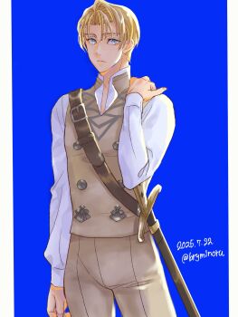 1boy blonde_hair blue_background blue_eyes bryminoru closed_mouth commentary_request dated dimitri_alexandre_blaiddyd fire_emblem fire_emblem:_three_houses garreg_mach_monastery_uniform highres long_sleeves looking_at_viewer male_focus nintendo pants sheath sheathed short_hair simple_background solo sword twitter_username weapon