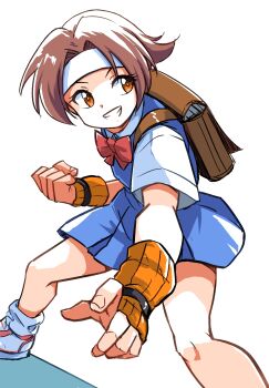 1girl backpack bag blue_skirt blue_vest bow bowtie brown_eyes brown_hair capcom female_focus fingerless_gloves gloves headband highres ikaringo_(ikaringo4444) justice_gakuen red_bow red_bowtie school_uniform shoes short_hair short_sleeves skirt sneakers solo vest wakaba_hinata white_gloves white_headband yellow_gloves