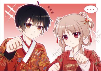 Rule 34 | ..., 1boy, 1girl, ahoge, black hair, brown eyes, brown hair, chinese clothes, chinese commentary, clenched hand, closed mouth, commentary request, gradient background, hair ornament, hair rings, hand up, hanfu, highres, jiaoling ruqun, lemiyou, long sleeves, looking at viewer, original, red background, red eyes, shirt, short hair, shuangyaji, sidelocks, smile, sparkle, spoken ellipsis, upper body, yesa robe