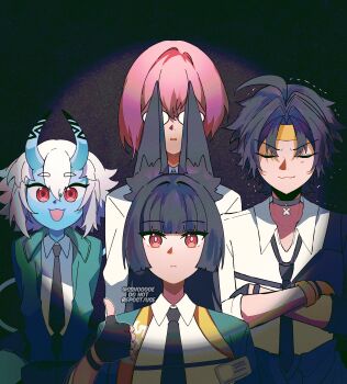 1boy 3girls animal_ear_fluff animal_ears aqua_jacket asaba_harumasa asymmetrical_gloves black_choker black_gloves black_hair black_necktie blue_horns blue_oni blue_skin blue_tail blunt_bangs bohemian_rhapsody choker closed_eyes closed_mouth collarbone colored_skin commentary crossed_arms dark_background english_commentary fingerless_gloves fox_ears fox_girl glasses gloves hair_between_eyes hair_between_horns half_gloves headband highres horns hoshimi_miyabi id_card jacket light_blush long_hair looking_at_viewer multicolored_horns multiple_girls necktie oni open_mouth parody parted_bangs pendant_choker pink_hair queen_(band) red_hair shirt single_half_glove skin-covered_horns soukaku_(zenless_zone_zero) spotlight sshooooe thumbs_up tsukishiro_yanagi twitter_username two-tone_horns uneven_gloves white_hair white_shirt yellow_gloves yellow_headband zenless_zone_zero