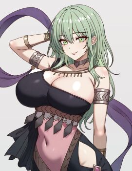 1girl ancient_greek_clothes armlet black_dress bracelet breasts choker_jewel collarbone commentary_request covered_navel dancer dancer_(fire_emblem:_three_houses) dress female_byleth_(awakened)_(fire_emblem) female_byleth_(fire_emblem) fire_emblem fire_emblem:_three_houses greco-roman_clothes green_eyes green_hair highres huge_breasts jewelry long_hair looking_at_viewer nintendo official_alternate_hair_color ootuk simple_background single-shoulder_dress solo upper_body white_background