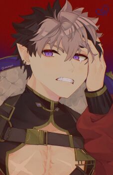 Rule 34 | 1boy, anemyuri, belt, black nails, black shirt, blush, broken heart, brown belt, brown hair, chest belt, chest harness, cleavage cutout, clenched teeth, clothing cutout, coat, collared coat, commentary, crimzon ruze, crimzon ruze (1st costume), ear blush, ear piercing, frown, gold trim, hand in own hair, hand on own head, harness, heart, high collar, highres, holostars, holostars english, light blush, male focus, multicolored hair, nail polish, pectoral cleavage, pectorals, piercing, pointy ears, portrait, purple eyes, red background, red coat, scar, scar on chest, shirt, short hair, single tear, sleeve cuffs, solo, teeth, two-tone hair, untranslatable commentary, virtual youtuber