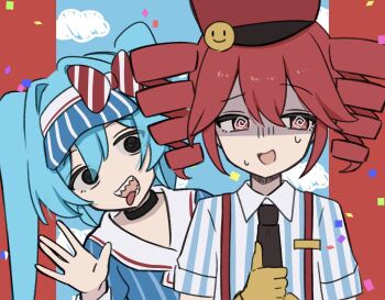 2girls :d @_@ aqua_hair averting_eyes black_choker black_eyes black_necktie blue_dress blue_shirt blue_sky border bow choker close-up cloud collared_shirt commentary confetti crazy diagonal-striped_bow distress_hand_signal dress dress_shirt drill_hair empty_eyes facing_viewer front-to-back gloom_(expression) hair_between_eyes hair_intakes hand_up hat hat_bow hatsune_miku head_tilt highres kanisasare_ta kasane_teto long_hair long_hair_between_eyes looking_at_viewer looking_to_the_side mesmerizer_(vocaloid) multiple_girls necktie nervous nervous_smile nervous_sweating open_mouth own_hands_together pillarboxed pinstripe_dress pinstripe_hat pinstripe_pattern portrait raised_eyebrows red_border red_bow red_hair red_hat scared shaded_face sharp_teeth shirt short_sleeves side-by-side sky smile smiley_face smirk striped_bow sweat teeth thumbs_up tongue tongue_out twin_drills twintails utau very_long_hair vocaloid waving white_bow white_shirt worried ||/