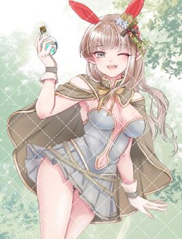 1girl alternate_color animal_ears blunt_bangs blush breasts brown_cape brown_hair cape commentary_request commission cowboy_shot creator_(ragnarok_online) crown dress fake_animal_ears flask gloves grey_dress grey_eyes highres holding holding_flask large_breasts long_hair looking_at_viewer mini_crown navel one_eye_closed open_mouth panties pantyshot plunging_neckline pointy_ears potion rabbit_ears ragnarok_online round-bottom_flask shimako_(user_jsaa7243) short_dress skeb_commission smile solo strapless strapless_dress teeth tree underwear upper_teeth_only watermark watermark_grid white_gloves white_panties