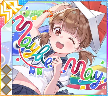 Rule 34 | 1girl, ;d, album cover, arm up, bead bracelet, beads, blue sailor collar, blue skirt, blush, bracelet, brown eyes, brown hair, cover, dot nose, english text, game cg, hand up, hat, idol wars, jewelry, koinobori, looking at viewer, midriff peek, momonoki rika, official art, one eye closed, open mouth, paper hat, red hat, sailor collar, school uniform, serafuku, shirt, short hair, short sleeves, short twintails, skirt, smile, solo, summer uniform, third-party source, twintails, white serafuku, white shirt, windsock