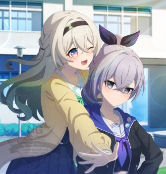 2girls cardigan closed_mouth collarbone firefly_(honkai:_star_rail) gradient_eyes green_neckerchief grey_eyes grey_hair hair_between_eyes hair_ribbon hairband highres honkai:_star_rail honkai_(series) kisaragi_yyyui lamppost long_hair looking_at_another looking_at_viewer multicolored_eyes multiple_girls neckerchief one_eye_closed open_cardigan open_clothes open_mouth ponytail purple_neckerchief ribbon sailor_collar school school_uniform silver_wolf_(honkai:_star_rail) smile watermark watermark_grid