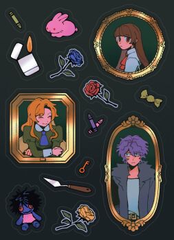 ascot blonde_hair blue_ascot blue_flower blue_rose brown_hair candy crayon doll_(ib) dress flower food garry_(ib) green_dress hair_over_one_eye highres ib_(ib) ib_(kouri) jacket key lighter long_hair looking_at_another looking_at_viewer looking_to_the_side mary_(ib) painting_(object) palette_knife picture_frame purple_hair rabbit red_ascot red_flower red_rose rose routexx shirt simple_background sleeve_cuffs sticker through_medium through_painting torn_clothes white_shirt yellow_flower yellow_rose