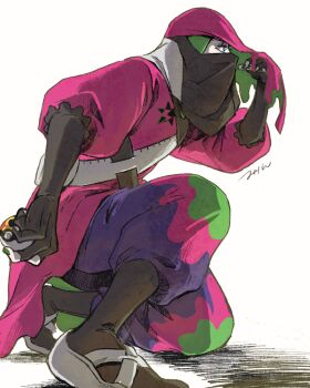 1boy absurdres atticus_(pokemon) black_gloves blue_eyes commentary_request eyelashes fingerless_gloves from_side gloves green_nails highres holding holding_poke_ball male_focus mrp_and_me ninja nintendo on_one_knee pink_hood poke_ball pokemon pokemon_sv puffy_sleeves repeat_ball solo white_background