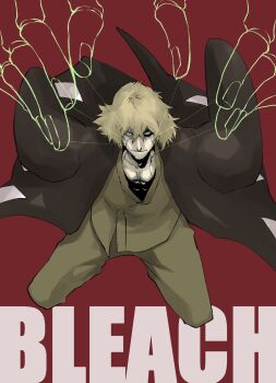 1boy bankai beard_stubble bleach bleach:_sennen_kessen-hen blonde_hair copyright_name facial_hair green_eyes hair_between_eyes haori highres japanese_clothes kannonbiraki_benihime_aratame_(bankai) kimono looking_at_viewer mitu_hide43 partially_shaded_face smirk solo stitched_face stitched_torso stitches stubble urahara_kisuke