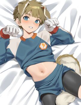 Rule 34 | 1boy, animal ears, bike shorts, bike shorts under shorts, black shorts, blue eyes, blue shorts, blush, brown hair, clothes lift, commentary, dog boy, dog ears, dog tail, g1 (jjw00123), gloves, highres, inazuma eleven, inazuma eleven (series), long sleeves, looking at viewer, lying, male focus, navel, on back, on bed, paid reward available, parted lips, paw pose, shirt lift, short hair, shorts, solo, stomach, tachimukai yuuki, tail, white gloves