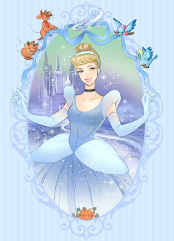 Rule 34 | 1girl, ano (sbee), bird, blonde hair, blue background, blue dress, blue eyes, castle, choker, cinderella (disney character), cinderella (disney movie), commentary request, dress, elbow gloves, glass slipper, gloves, gus (cinderella), hair bun, hair ornament, high heels, jaq (cinderella), mouse (animal), pumpkin, ribbon, shoes, single hair bun, smile, solo focus, sparkle