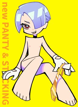 1boy blue_hair blunt_bangs gloves male_focus muscle_my_baby nipples nude panty_&amp;_stocking_with_garterbelt polyester_(psg) solo underwear unworn_underwear white_gloves yellow_background