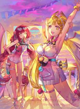 Rule 34 | 2girls, :d, alice thymefield, alice thymefield (sea of thyme), animal ears, armpits, artist name, blonde hair, breasts, burger, cleavage, commentary, copyright name, cup, disposable cup, drinking straw, english commentary, eyewear on head, food, hair ornament, hand on own hip, heart, heart-shaped eyewear, heterochromia, highres, holding, holding burger, holding food, holster, lifebuoy, long hair, looking at viewer, multiple girls, ocean, official alternate costume, one-piece swimsuit, open mouth, orange eyes, orange sekaii, outdoors, palm tree, rabbit ears, rabbit girl, rabbit tail, red hair, sandals, shoes, smile, sphere hair ornament, standing, standing on one leg, sun, surfboard, swim ring, swimsuit, tail, thigh holster, tree, two-tone one-piece swimsuit, ukinami yuzuha, ukinami yuzuha (tanuki in broad daylight), white shoes, yellow eyes, zenless zone zero