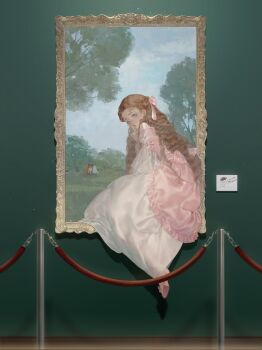 1girl aristocratic_clothes art_gallery blue_eyes bow chain chinese_commentary climbing day detached_sleeves dog dress eyelashes finger_to_mouth fox from_behind full_body green_background hair_bow half_updo hand_up high_heels highres index_finger_raised indoors layered_dress long_hair looking_at_viewer looking_back note original painting_(object) parted_lips picture_frame pink_bow pink_dress pink_shoes pole puckered_lips shoe_soles shoes shushing sky solo stanchion through_medium through_painting tree very_long_hair wavy_hair white_dress wide_sleeves zzzi_gn