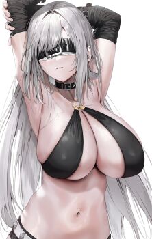 1girl absurdres arms_up black_bra black_shorts black_sleeves blindfold bra breasts cleavage closed_mouth commission commissioner_upload detached_sleeves grey_hair highres large_breasts long_hair navel no_bra o-ring original poharo shorts sidelocks simple_background skindentation solo standing underwear upper_body very_long_hair white_background