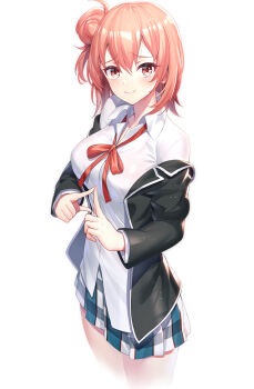 1girl black_jacket blazer bra breasts brown_eyes brown_hair closed_mouth collared_shirt commentary_request dress_shirt female_focus hair_bun highres jacket large_breasts long_sleeves looking_at_viewer miniskirt neck_ribbon off_shoulder open_clothes open_jacket plaid_clothes plaid_skirt pleated_skirt red_bra red_ribbon ribbon ririko_(zhuoyandesailaer) school_uniform see-through_clothes shirt short_hair side_bun sidelocks simple_background single_hair_bun single_side_bun skirt smile solo standing twiddling_fingers underwear white_background white_shirt yahari_ore_no_seishun_lovecome_wa_machigatteiru. yuigahama_yui