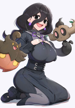 1girl absurdres breasts gonzarez hex_maniac_(pokemon) hex_maniac_(pokemon_legends:_z-a) highres large_breasts pokemon pokemon_(creature) pokemon_legends:_z-a simple_background white_background