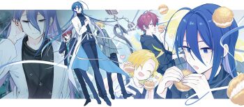 3boys absurdres ahoge aqua_eyes aqua_streaks black_hoodie black_jacket black_pants black_shoes blue_eyes c_asca closed_eyes coat facing_away floating_clothes floating_hair food green_necktie green_streaks grey_jacket hair_between_eyes hair_intakes half-closed_eyes heart height_difference highres holding holding_food holding_phone hood hood_down hoodie huge_ahoge hypnosis_mic imminent_bite izanami_hifumi jacket jinguji_jakurai kannonzaka_doppo lab_coat looking_at_object looking_at_viewer male_focus multicolored_hair multiple_boys necktie pants phone profile purple_hair shirt shoes small_sweatdrop smile turtleneck two-tone_hair white_coat white_shirt
