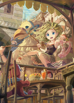 1girl 2boys animal_on_arm bird bird_on_arm black_shirt blue_eyes blue_scarf brick_wall cecil_harvey chocobo coat commentary_request coon_bear eating fancy_dessert final_fantasy final_fantasy_iv food fruit gold_trim green_hair green_skirt grey_hair hair_ornament highres holding holding_reins leaf_hair_ornament long_hair mask mouth_mask multiple_boys namingway open_mouth owl purple_eyes rabbit red_coat reins rydia_(ff4) sandals scarf shirt sitting skirt smile teeth town turban upper_teeth_only