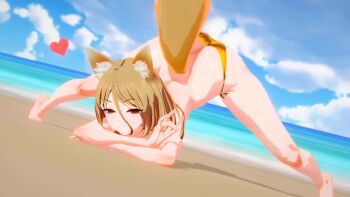 Rule 34 | 1girl, 3d, animal ear fluff, animal ears, animated, ass, ass shake, audible music, beach, bikini, blue sky, bouncing breasts, breasts, closed mouth, cloud, cloudy sky, day, feet, fox ears, fox girl, fox shadow puppet, fox tail, from behind, from below, from front, gold bikini, hair between eyes, half-closed eyes, heart, jack-o' challenge, knees, koikatsu (medium), kudamaki tsukasa, legs, leinnk4, light smile, looking at viewer, looking back, medium hair, multiple views, navel, ocean, outdoors, partially visible vulva, petite, sand, sky, small breasts, sound, spread legs, string bikini, swimsuit, tail, tail wagging, thighs, toes, top-down bottom-up, touhou, video, yellow eyes