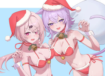 2girls :d absurdres ahoge alternate_costume animal_ears arm_strap bell bikini breasts cat_ears cat_girl cat_tail claw_pose cleavage commentary_request crossed_bangs double-parted_bangs fur-trimmed_bikini fur-trimmed_headwear fur_trim grey_hair hair_between_eyes hat highres holding holding_sack hololive krn_udn large_breasts long_hair looking_at_viewer low_ponytail multiple_girls navel neck_bell nekomata_okayu nijisanji open_mouth pom_pom_(clothes) ponytail purple_eyes purple_hair red_bikini red_hat sack santa_bikini santa_costume santa_hat shiina_yuika short_hair side-tie_bikini_bottom smile swimsuit tail tilted_headwear virtual_youtuber wrist_cuffs