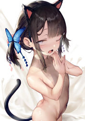 1girl animal_ears ass black_hair blue_eyes butterfly_hair_ornament cat_ears cat_tail fake_animal_ears flat_chest hair_ornament highres leotard looking_at_viewer low_twintails milk one_eye_closed open_mouth original own_hands_together pouring see-through_clothes shiny_skin sidelocks solo tail twintails waymay wet white_background