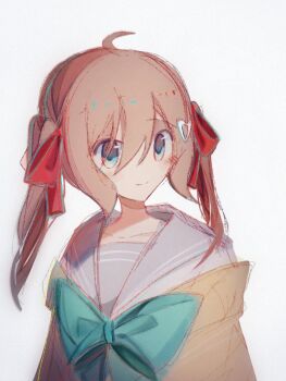 Rule 34 | 1girl, ahoge, alternate hairstyle, aqua bow, aqua bowtie, blue eyes, blue sailor collar, bow, bowtie, brown hair, cardigan, closed mouth, collarbone, e douraze, grey background, hair between eyes, hair ornament, hair ribbon, heart, heart hair ornament, highres, long hair, looking to the side, neuro-sama, portrait, red ribbon, ribbon, sailor collar, simple background, smile, solo, split mouth, twintails, vedal ai, yellow cardigan